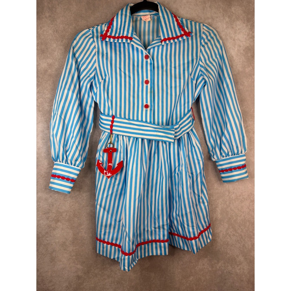 VTG Ruth of Carolina Nautical Striped Dress Girls S Blue White  Anchor Ric-Rac